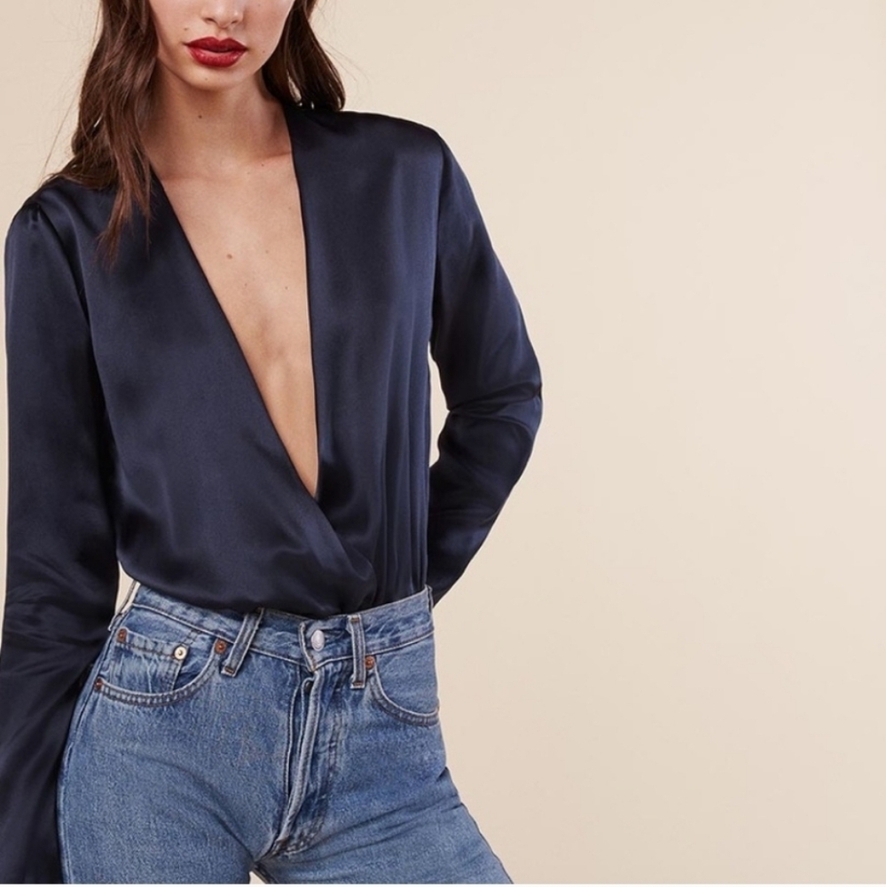 Reformation Navy Deep V Satin Blouse